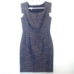 Kay Unger Blue Tweed Sheath Dress Fringe Sleeves Square Neck